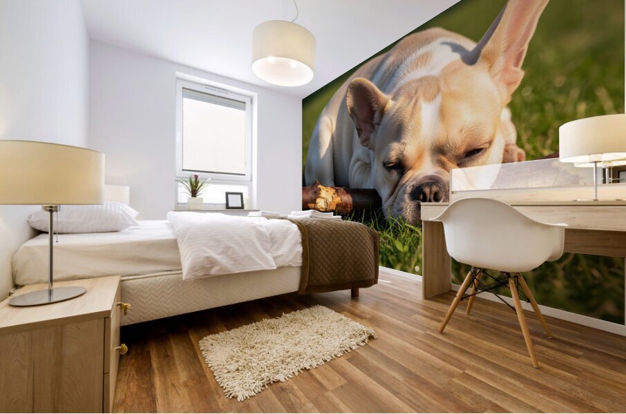 Tired French Bulldog Puppy Rests After Stick Chewing Session Mural print