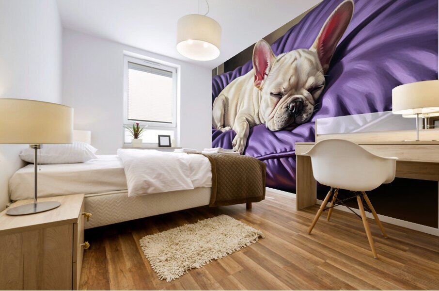 French Bulldog Puppy Sleeping Peacefully On Purple Pillow Mural print