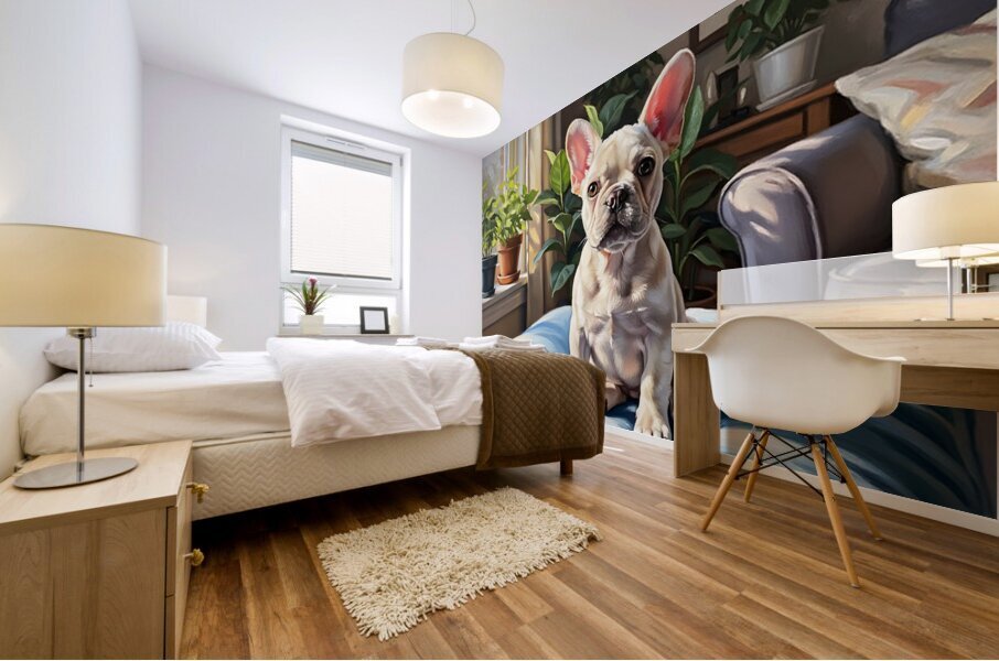 French Bulldog Puppy Sits Alert On Blue Cushion Mural print