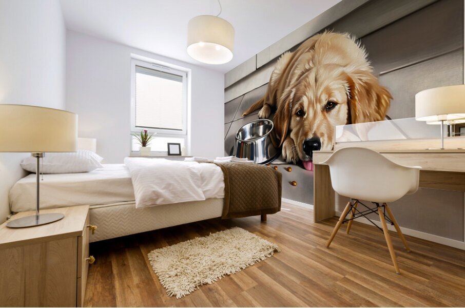Satisfied Golden Retriever Puppy After Finishing Meal Mural print