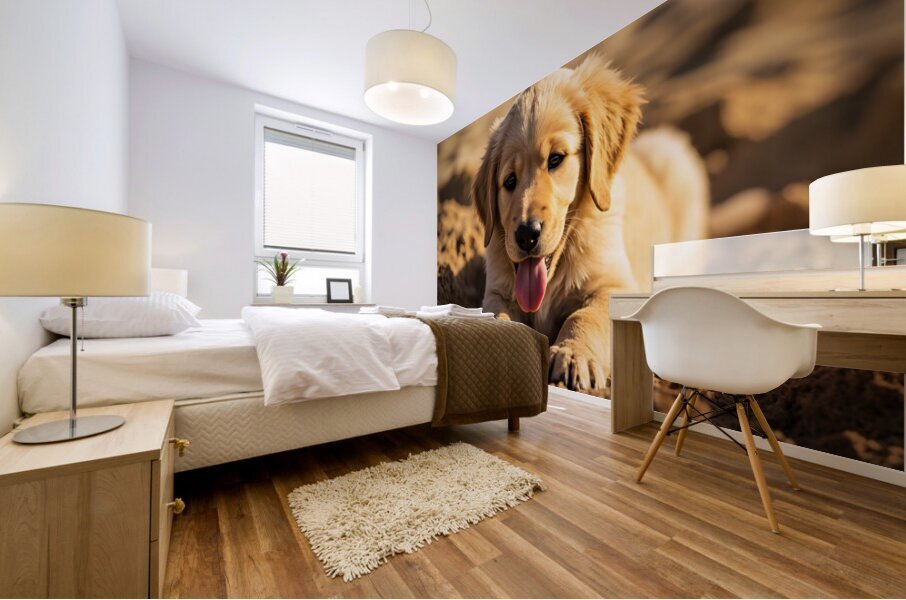 Happy Golden Retriever Puppy Sits In Ruins Of Destroyed Castle Mural print
