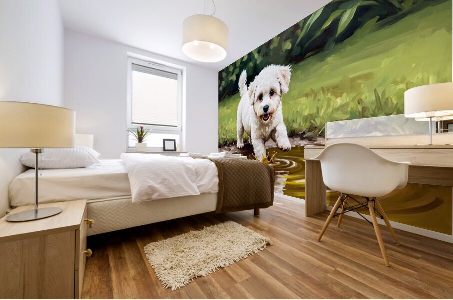 Bichon Frise Puppy Discovers Muddy Puddle Mural print