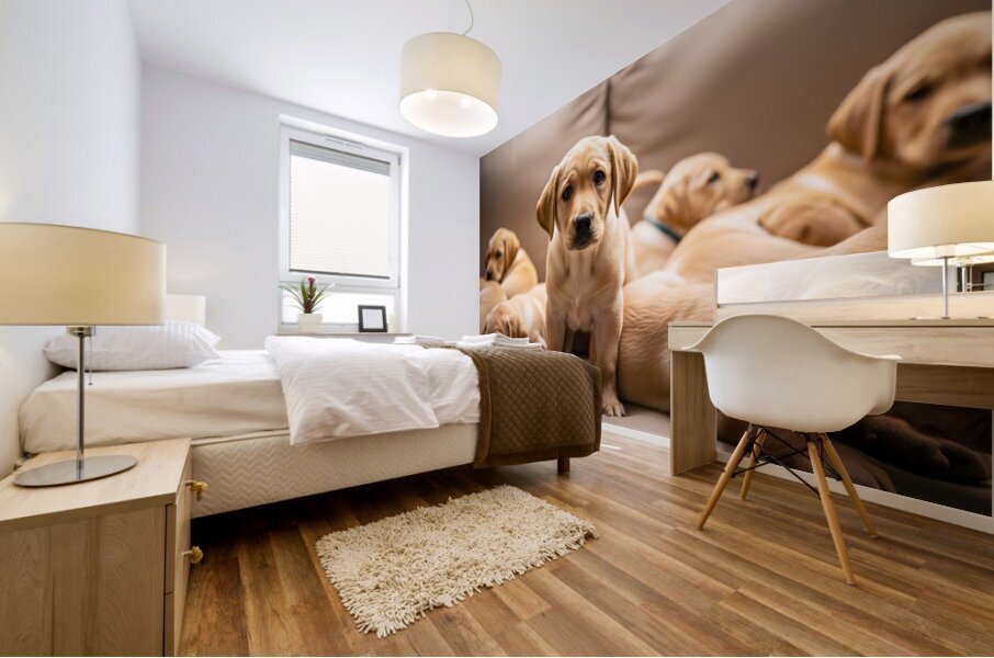 Happy Labrador Retriever Puppy Settles Into Cozy Spot Mural print