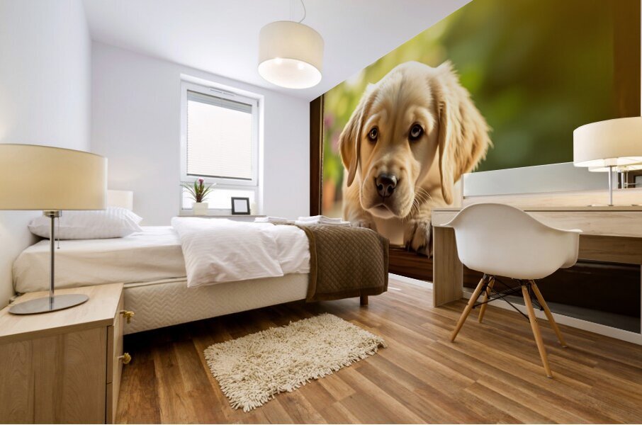 Curious Puppy Discovers Cat Flap Door Mural print