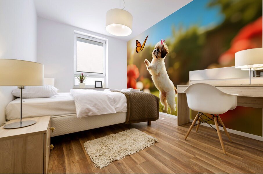 Shih Tzu Puppy Discovers Beautiful Butterfly In Garden Mural print