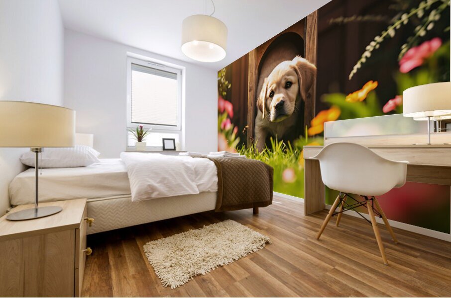 Happy Puppy Celebrates His Cat Flap Adventure Mural print