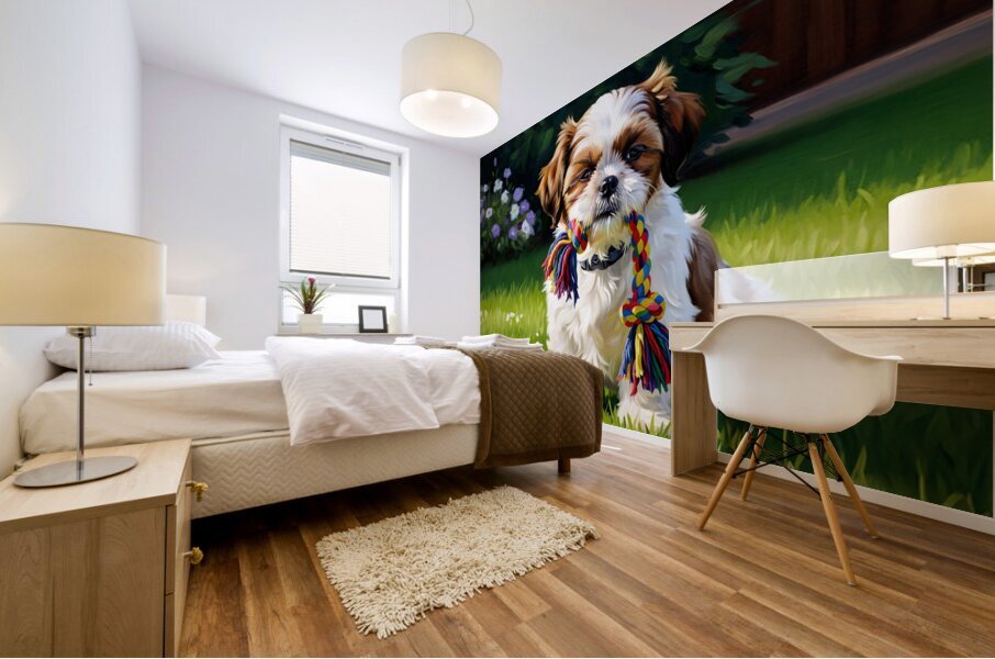Shih Tzu Puppy Plays With Rope Toy In Garden Mural print