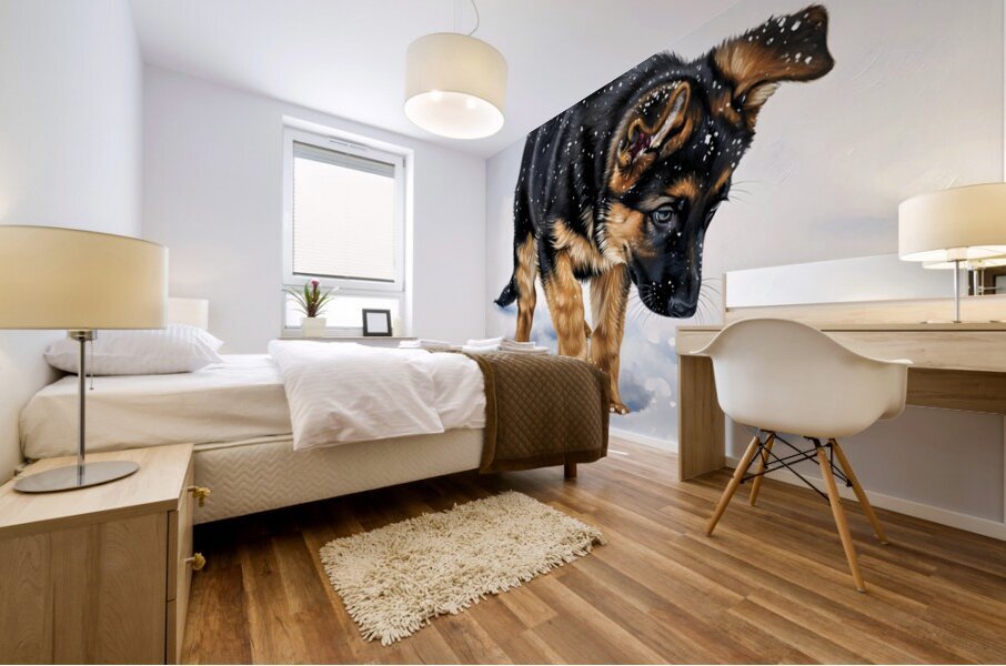 German Shepherd Puppy Discovers Fresh Snow Mural print