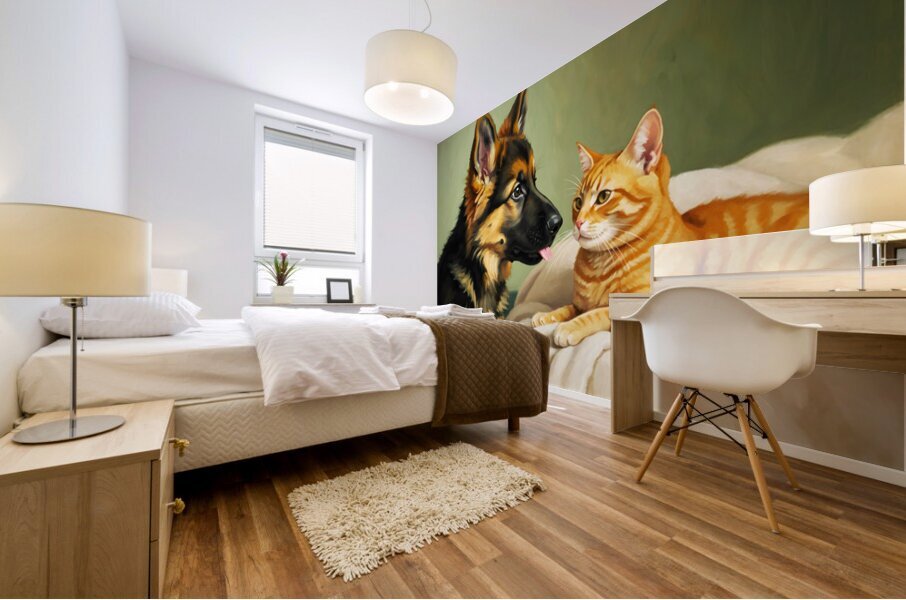German Shepherd Puppy Meets Sleeping Cat Mural print