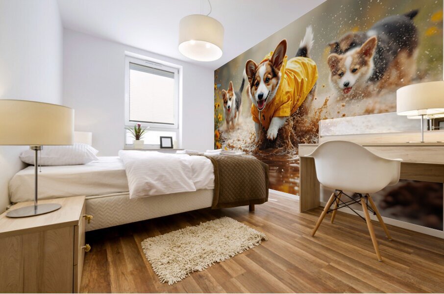 Corgi Puppy Ready For Rainy Day Adventure Mural print