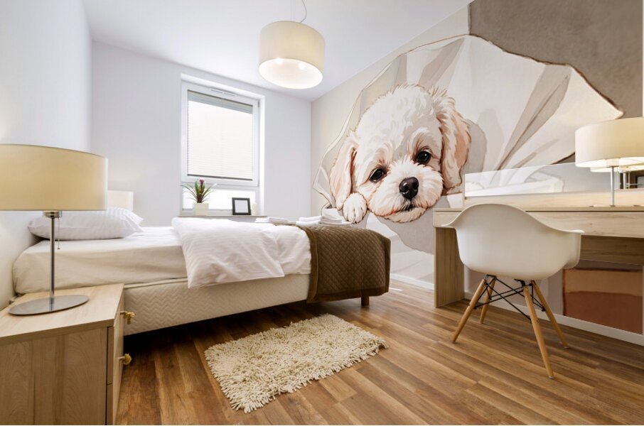 Brave Bichon Frise Puppy Escapes From Tissue Box Mural print