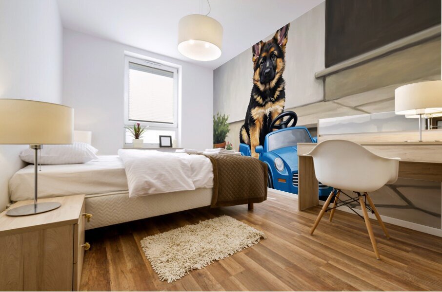 Sleepy German Shepherd Puppy In Car Mural print