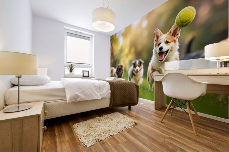 Corgi Puppy Spots Tennis Ball In Garden Mural print