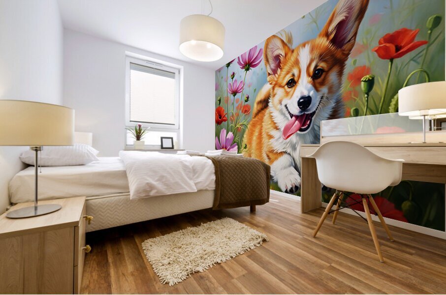 Corgi Puppy Discovers Magical Wildflower Meadow Mural print