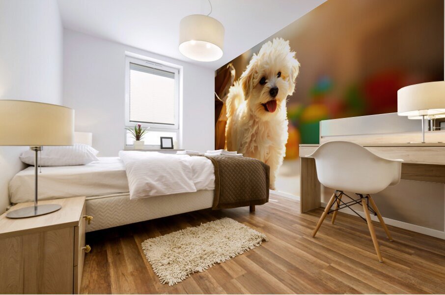 Playful Bichon Frise Puppy With Paper Bag Toy Mural print