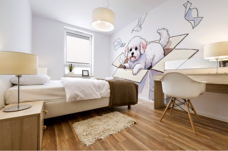 Bichon Frise Puppy Discovers Tissue Box Adventure Mural print