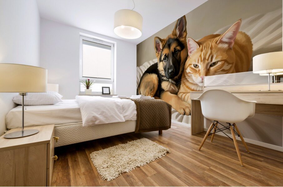 German Shepherd Puppy Snuggles With Cat Friend Mural print