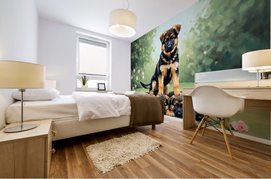 German Shepherd Puppy Reaches Top Of Puppy Pyramid Mural print