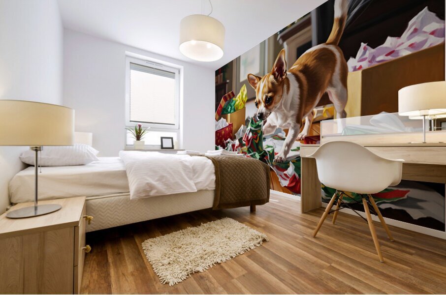 Chihuahua Puppy Discovers Christmas Morning Surprises Mural print