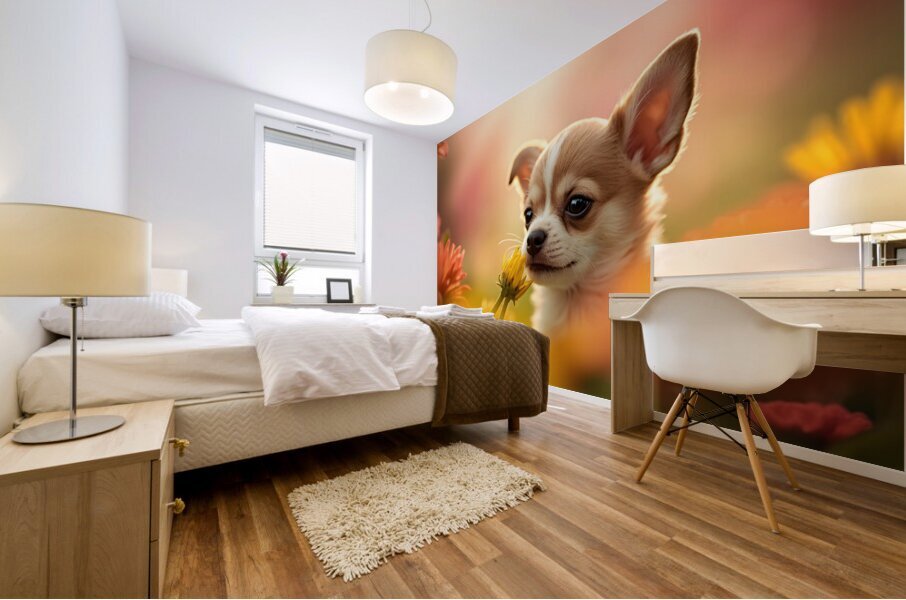 Chihuahua Puppy Discovers A Yellow Dandelion Mural print