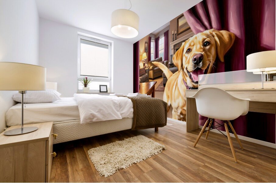 Happy Labrador Puppy Running From Dark Blue Curtains Mural print