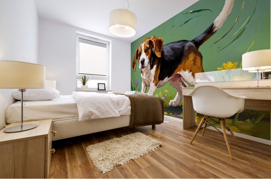 Beagle Puppy Spots Flying Frisbee Mural print
