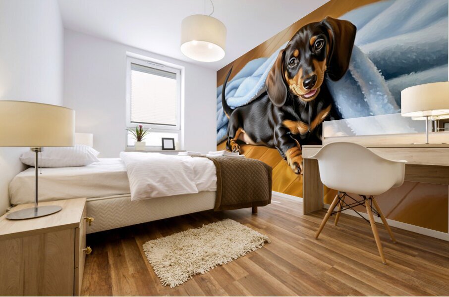 Sleepy Dachshund Puppy Napping Under Cozy Blue Blanket Mural print