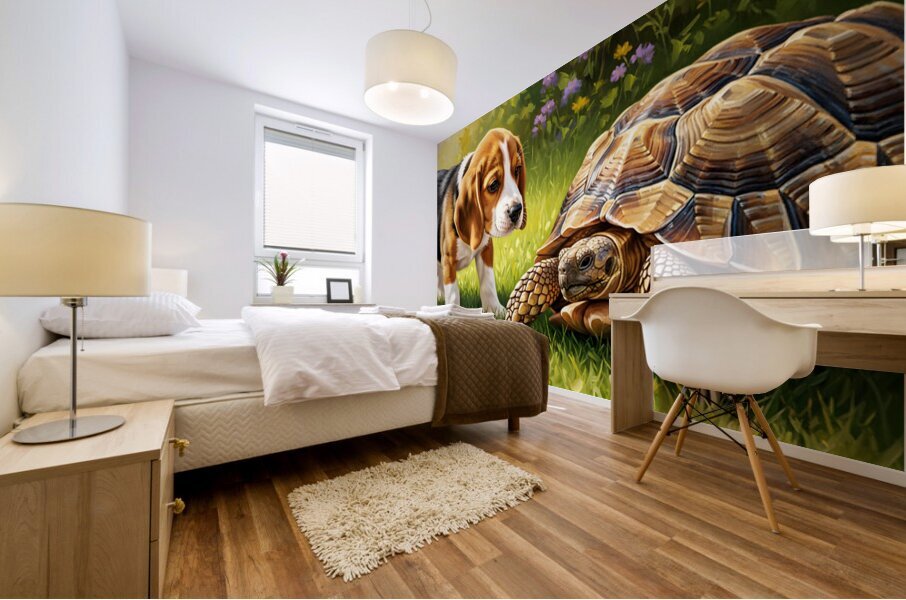 Beagle Puppy Discovers Garden Surprise Mural print