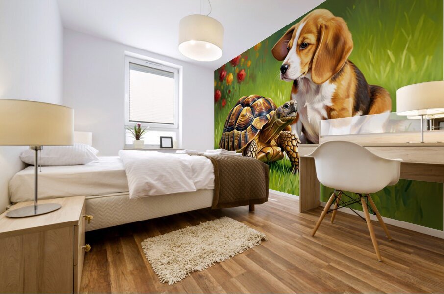 Beagle Puppy Rests With New Tortoise Friend Mural print