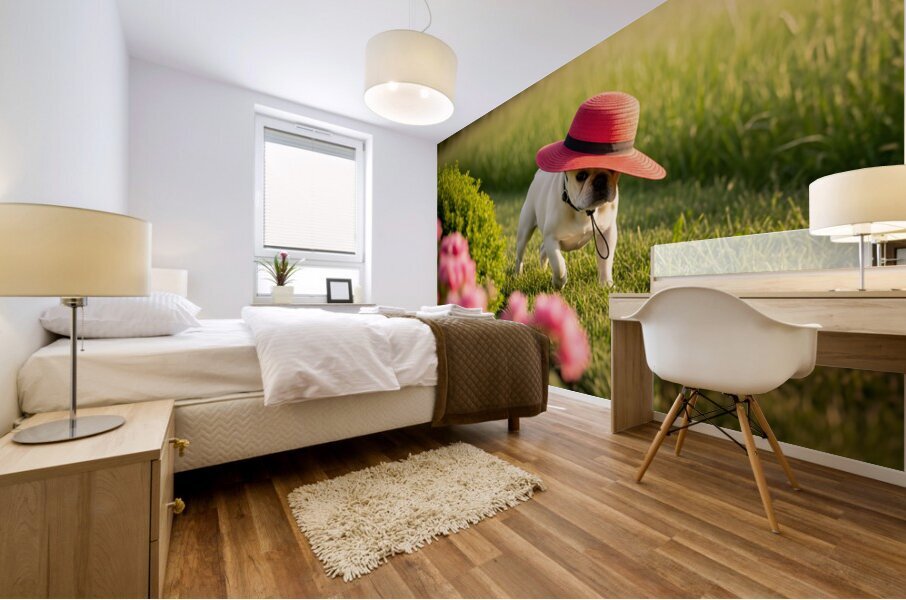 French Bulldog Puppy Discovers A Big Red Hat Mural print