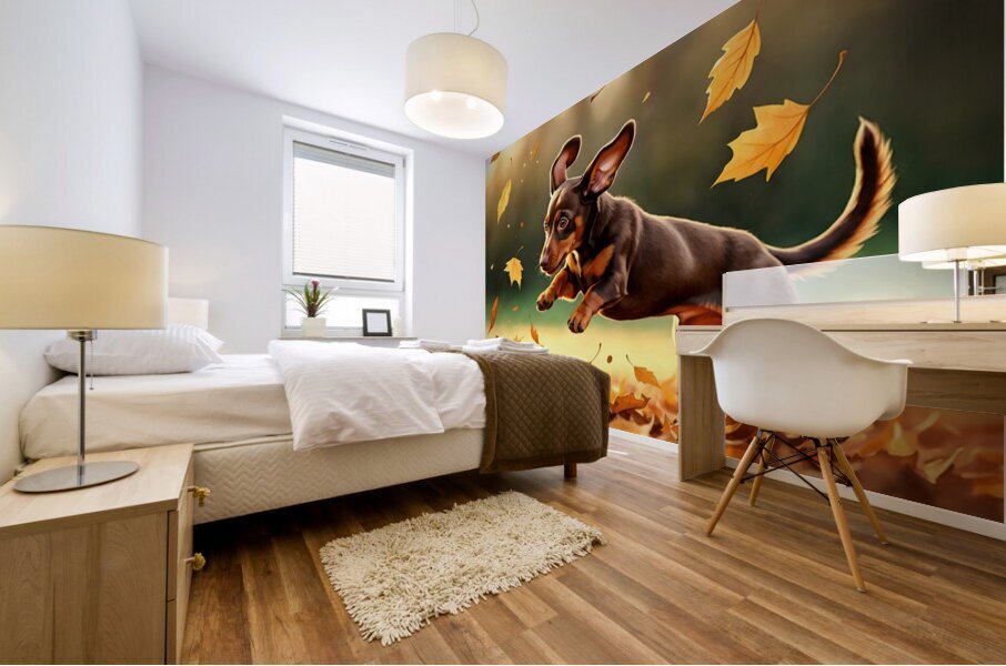 Dachshund Puppy Discovers Autumn Leaf Pile Mural print