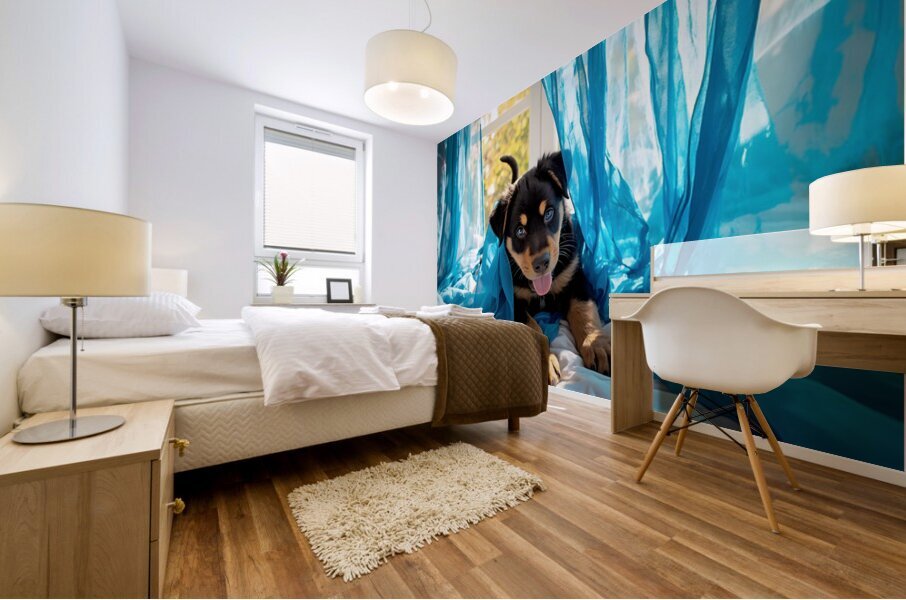 Brave Rottweiler Puppy Sits Confidently By Green Curtains Mural print