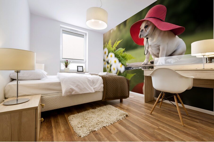 Happy French Bulldog Puppy Rests In Shade Under His Hat Mural print