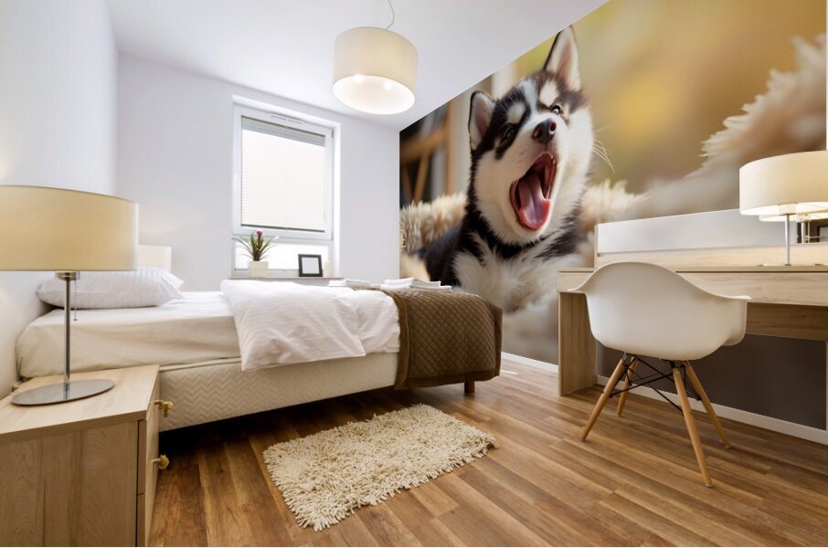 Sleepy Siberian Husky Puppy Dreams In Cozy Bed Mural print
