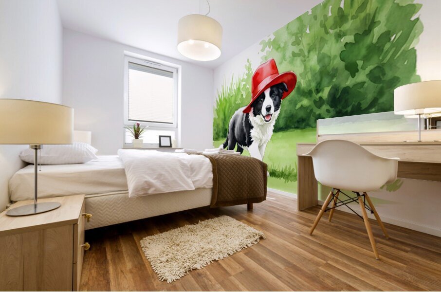 Border Collie Puppy Discovers A Big Red Hat Mural print