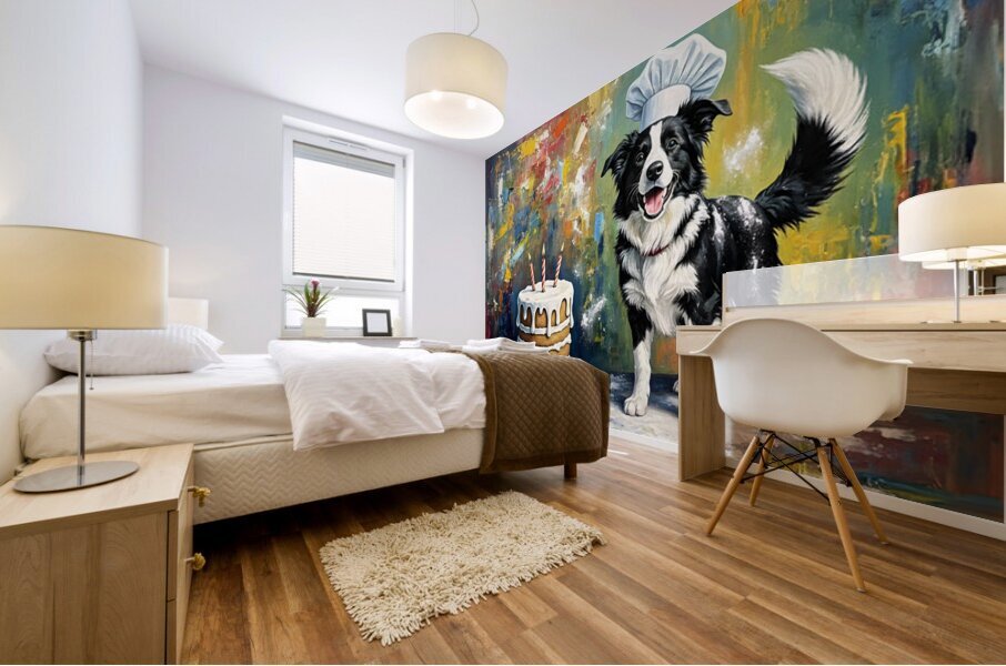 Tired Border Collie Puppy Chef Rests After Cooking Fun Mural print