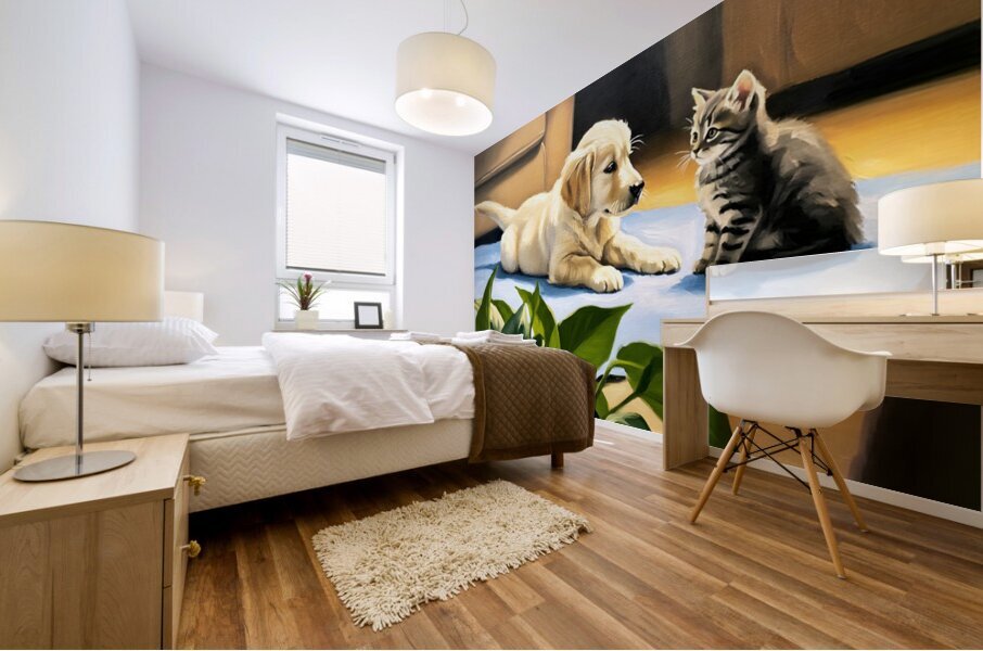 Golden Retriever Puppy Meets New Kitten Friend Mural print