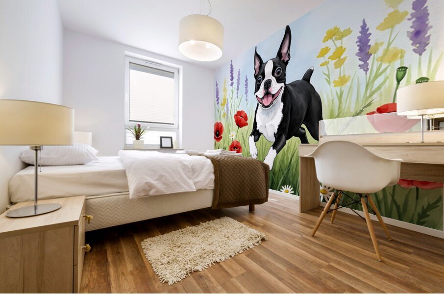 Boston Terrier Puppy Discovers Wildflower Meadow Mural print