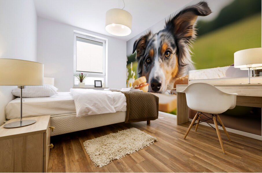 Australian Shepherd Puppy Discovers Picnic Spread Mural print
