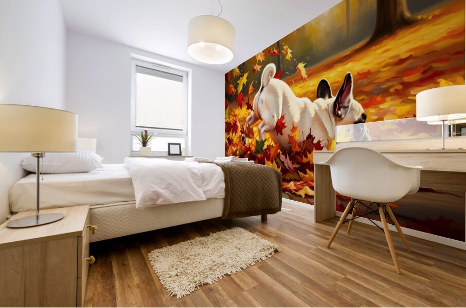 French Bulldog Puppy Discovers Autumn Leaf Pile Mural print