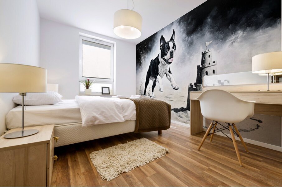 Boston Terrier Puppy Discovers Amazing Sand Castle Mural print