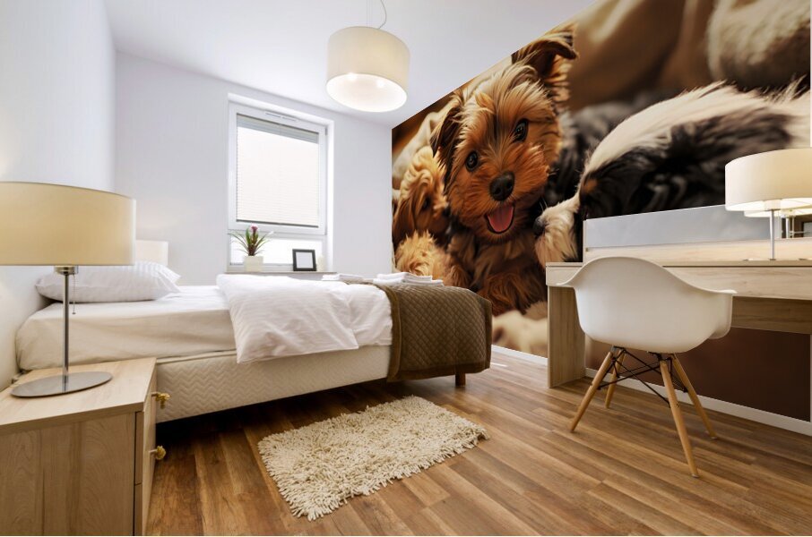 Yorkshire Terrier Puppy In Cozy Laundry Basket With Friends Mural print