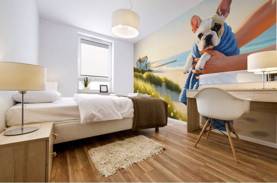 French Bulldog Puppy Wrapped In Beach Towel After Swimming Mural print