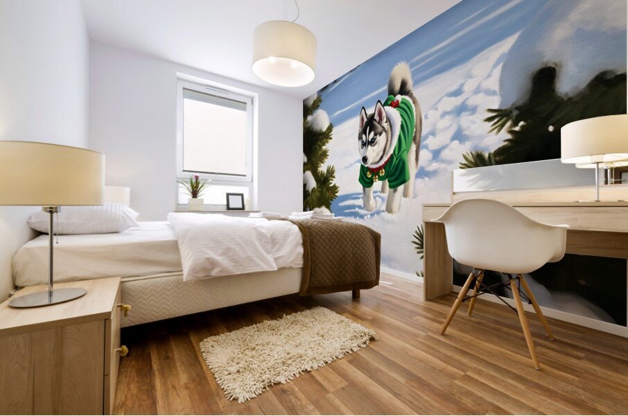 Siberian Husky Puppy In Red Holiday Costume Indoors Mural print