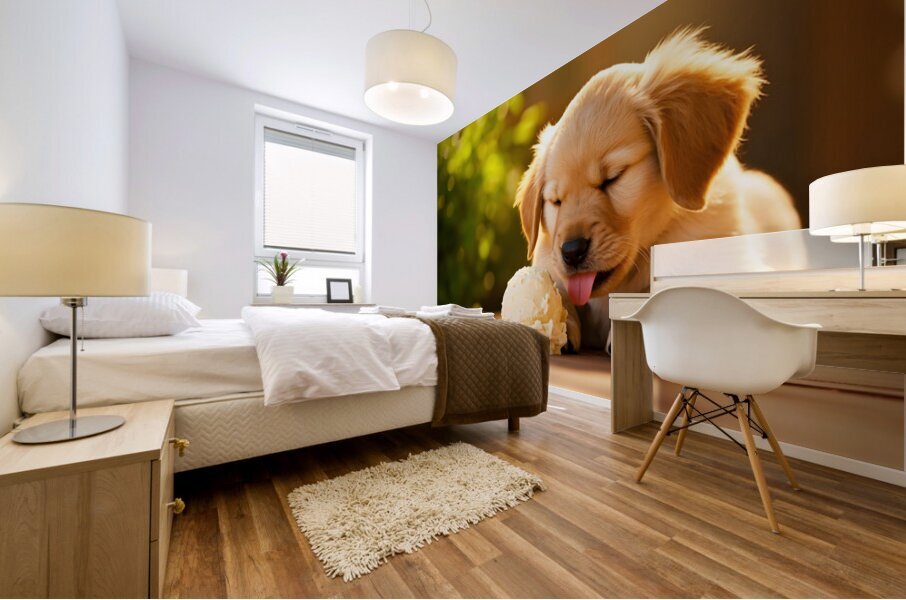 Golden Retriever Puppy Discovers Ice Cream Treat Mural print