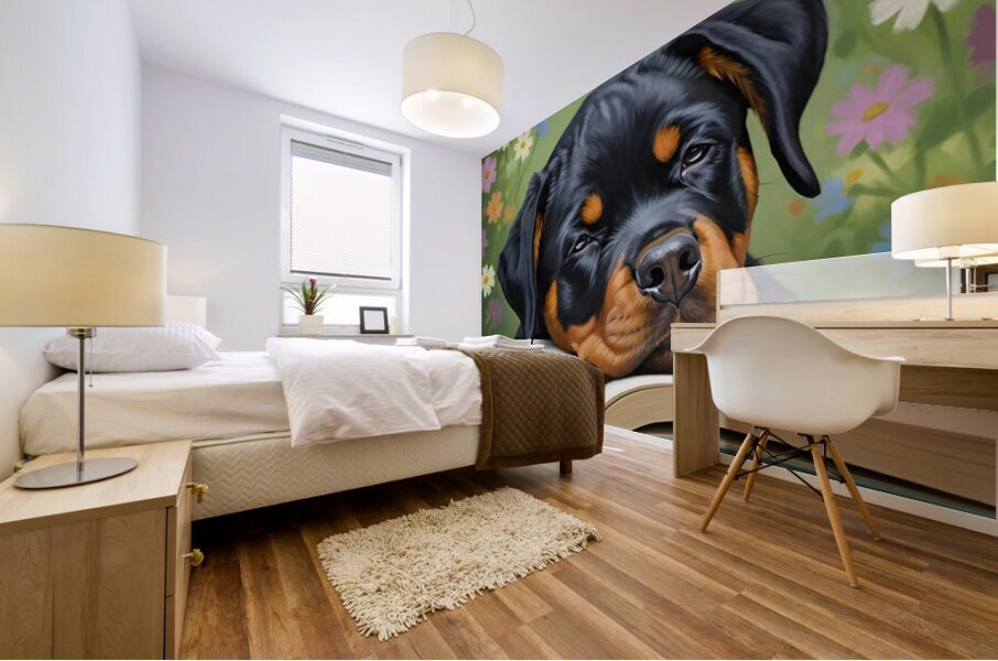 Sleepy Rottweiler Puppy Dreams Over Open Book Mural print