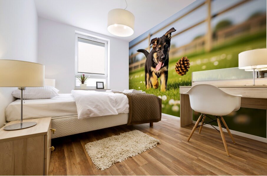 German Shepherd Puppy Watches Pinecone Soar Through Air Mural print