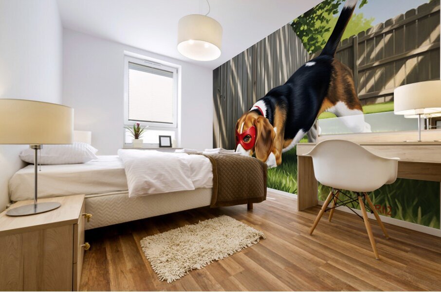 Beagle Puppy Discovers His Superhero Mask Mural print