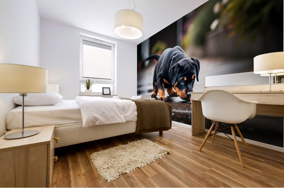 Rottweiler Puppy Discovers Garden Snail On Rainy Day Mural print