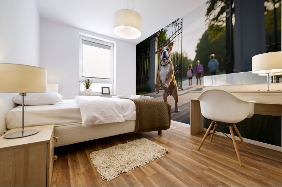 Bulldog Puppy Jumps With Joy At School Gate Mural print